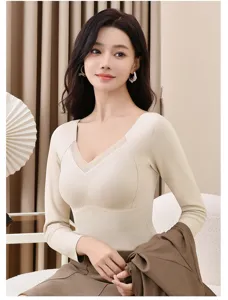 Women thermal top long sleeve V neck fleece lined warm base layer soft comfortable underwear