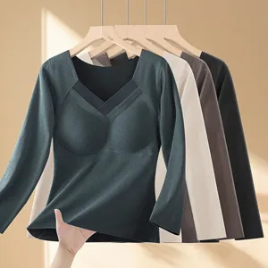 Women Thermal Top With Built In Bra V Neck Long Sleeve Thickened Self Heating Base Layer Slim Fit Solid Color Undershirt For Winter