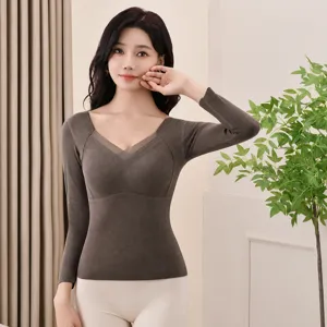 Women thermal long sleeve top dralon self-heating V-neck slim fit base layer winter