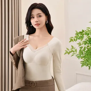 Thermal fleece-lined long sleeve V-neck top for women, warm base layer winter shirt.