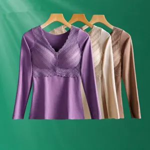Women's V-Neck Lace Thermal Long Sleeve Top With Built-in Chest Pads Slim Fit Solid Color Polyester Base Layer Shirt