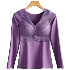 Women v-neck long sleeve thermal underwear with chest pads seamless winter base layer purple