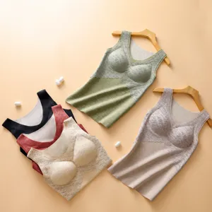 Women Thermal Vest With Chest Pad Lace V-Neck Sleeveless Polyester De Velvet Innerwear Warm Camisole For Winter Home Daily
