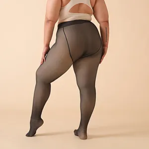 Plus size warm fleece lined sheer tights for women thick winter thermal leggings black