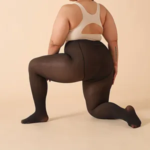 Plus size fleece lined black tights for women, thick thermal winter leggings detail.