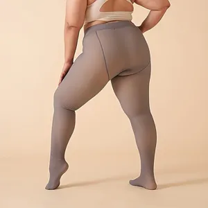 Plus size fleece lined leggings detail view, thick thermal winter pantyhose for women warm.
