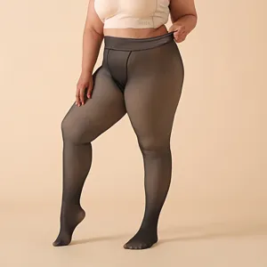 Plus size fleece lined winter thermal tights, thick warm black sheer leggings for women.