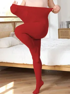 High elasticity red velvet tights for women, winter warm stretch pantyhose daily wear.