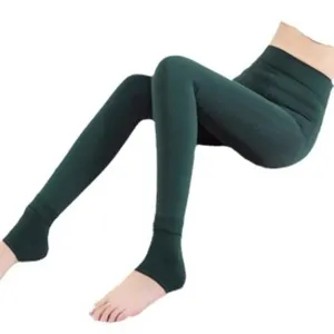 Dark green fleece lined stirrup leggings for women winter warm thermal thick pants.