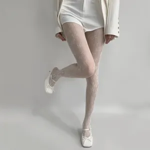 Collants en dentelle florale pour femmes, collants résille lolita doux vue de détail mode.