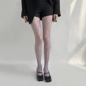 Gros plan de collants résille floraux violets pour femmes, montrant les détails en dentelle.