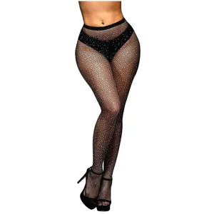 Sparkling rhinestone fishnet tights for women, glossy hot drill black hosiery main view.