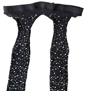 Black rhinestone fishnet tights for women, sparkling hot-drill open crotch pantyhose style.
