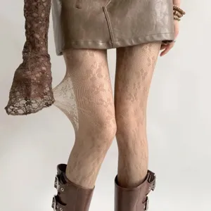 Bas résille à fleurs marron femmes dentelle ajourée Lolita collants printemps automne mode