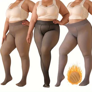 Plus Size Fleece Lined Leggings Women Fake Translucent Thick Thermal Tights High Waist Stretch Hosiery Fleece Warm Pants Winter