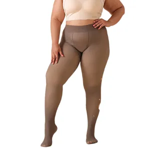 Plus size fleece lined tights, thick thermal warm winter leggings for women brown color main view.