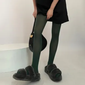 Detailed view of the 80D velvet tights in a stylish dark green shade, worn with outfit.