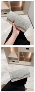 Silver glitter evening clutch bag with pleats and chain strap for women formal party.