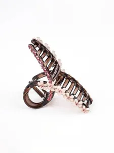 Molletta per capelli marrone con strass rosa e fiori delicati per un elegante stile quotidiano.