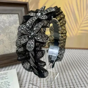 Diadema negra de pedrería y malla ala ancha accesorio para el cabello flor de cristal