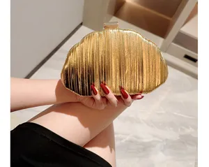 Gold pleated clutch evening bag for women, stylish leather purse for wedding party dress.
