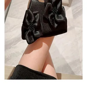 Black satin evening bag with floral beading, elegant party clutch purse for women.