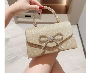 Sac à main de soirée pailleté doré élégant avec nœud en strass et poignée pour femme.