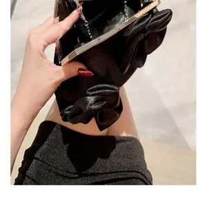 Elegant black satin evening clutch bag with metal frame and bow detail for women wedding