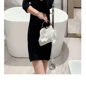 Elegant white floral evening clutch bag for women, satin bridal party wedding purse.