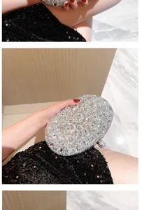Detailed close-up of sparkling rhinestone clutch bag, perfect for evening parties and weddings.