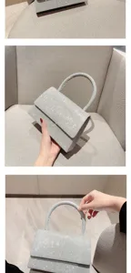 Silver glitter evening handbag detail view, elegant sparkly mini clutch with top handle.