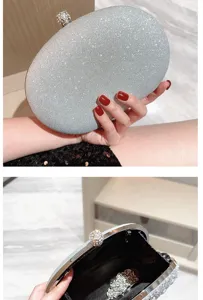 Elegant silver glitter evening clutch bag with crystal clasp and chain for women party dress.