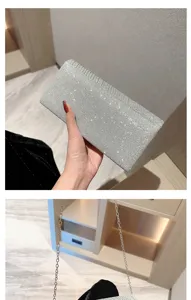Silver glitter evening clutch bag for women elegant wedding party shoulder cross body chain bag