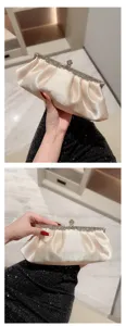 Elegant champagne satin evening clutch bag with vintage metal frame for women banquets