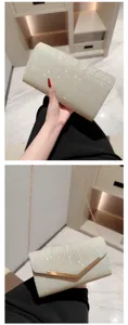 Sparkling pleated evening clutch bag for women, elegant party crossbody bag with chain strap.
