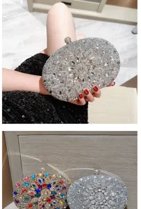Detailed view of women crystal evening clutch bag, elegant rhinestone oval design, sparkling.