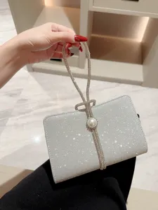 Sac de Soirée Pochette en Tissu Pailleté Avec Perles Artificielles Chaîne en Strass Sac à Main Élégant Mariage Femmes