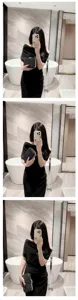 Vue detaille de la pochette de soiree noire perlee dans un decor de salle de bain en marbre.