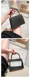 Detailed view of the sparkling sequin evening bag showing size scale with smartphone.