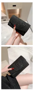 Black glitter pleated evening clutch bag detail close-up showing texture and fold design.