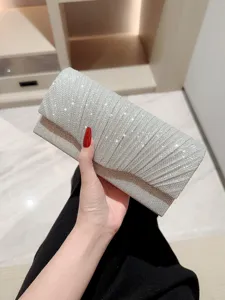 Elegant Pleated Glitter Evening Clutch Bag For Women Sparkling Formal Wedding Party Handbag Luxury Messenger Purse With Chain Strap
