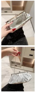 Silver satin evening clutch bag with rhinestone metal frame and chain strap for women.