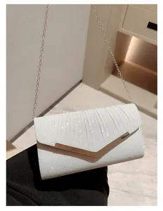 Elegant silver glitter evening clutch bag with metal chain strap for party and banquet.