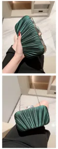 Dark green pleated evening clutch bag with metallic chain strap for women formal dress events.