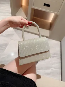 Sparkling rhinestone evening handbag for women, elegant top handle small square bag for party.
