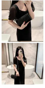 Black glitter evening clutch bag with chain strap for women banquet party dress elegant accessory.