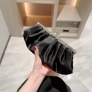 Vintage Satin Evening Clutch Bag For Women Ruched Dumpling Shaped Banquet Purse With Rhinestone Clasp Elegant Wedding Party Handbag