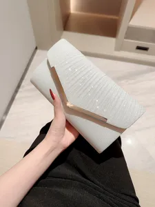 Sparkling pleated evening clutch bag with metallic V-clasp for parties and banquets.