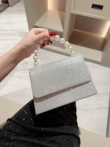 Sac de Soirée en Polyester Strass Poignée en Perle Artificielle Pochette Boîte Carrée Sac à Main Bandoulière pour Mariage Banquet Femme