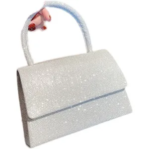 Sparkly silver sequin handbag for women, elegant evening party shoulder bag with magnetic snap.